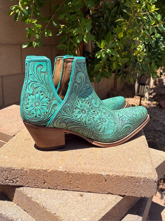 Myra Shoes - Myra Bag Turquoise Floral Tooled Leather Ankle Booties